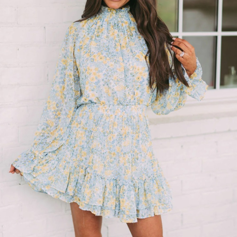 Fate Light Blue and Yellow Floral Smocked Neck Mini Dress